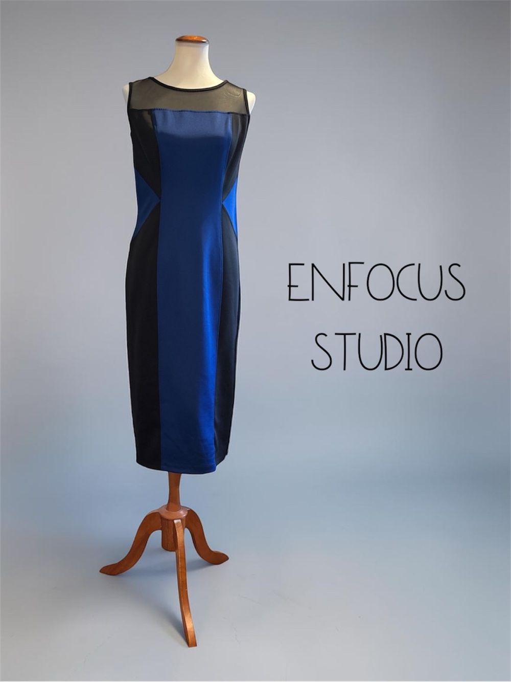 ⁠Enfocus Studio Blue Black Colorblock Mesh Midi Sheath Dress Size 8⁠